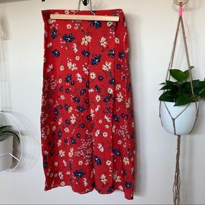 H&M Red Floral Midi Skirt w/ Slit & Button Front